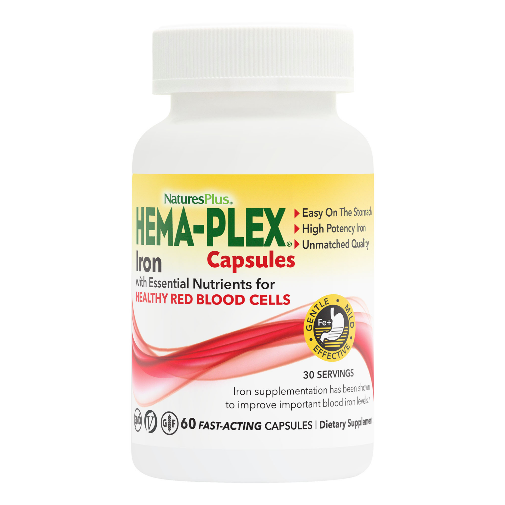 NaturesPlus Hema-Plex Iron - 60 Fast-Acting Capsules - 85 mg Chelated Iron + Vitamin C & Bioflavonoids for Healthy Red Blood Cells - Vegan, Gluten Free - 30 Servings